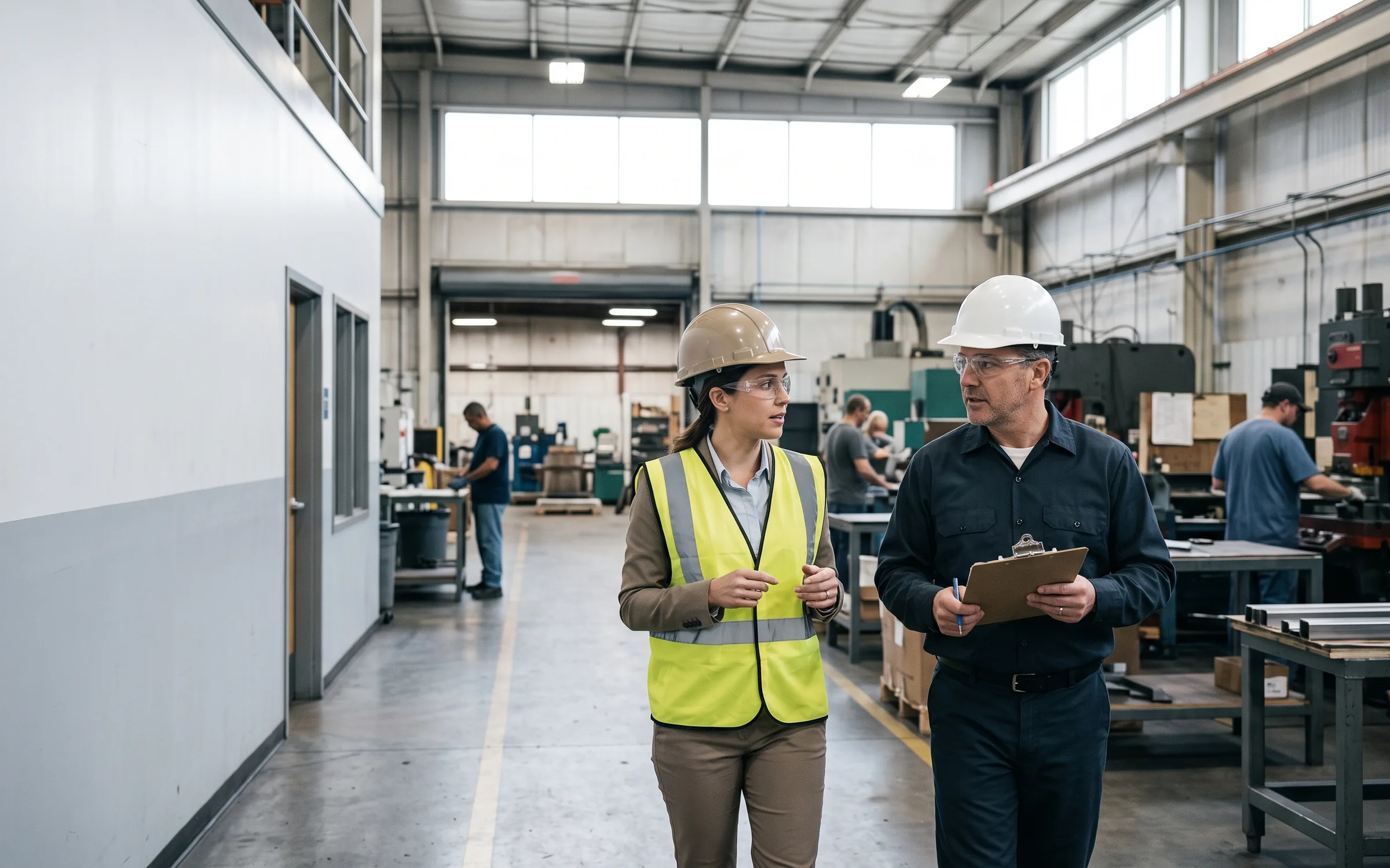 A staffing partner and operations leader walking through an active facility.