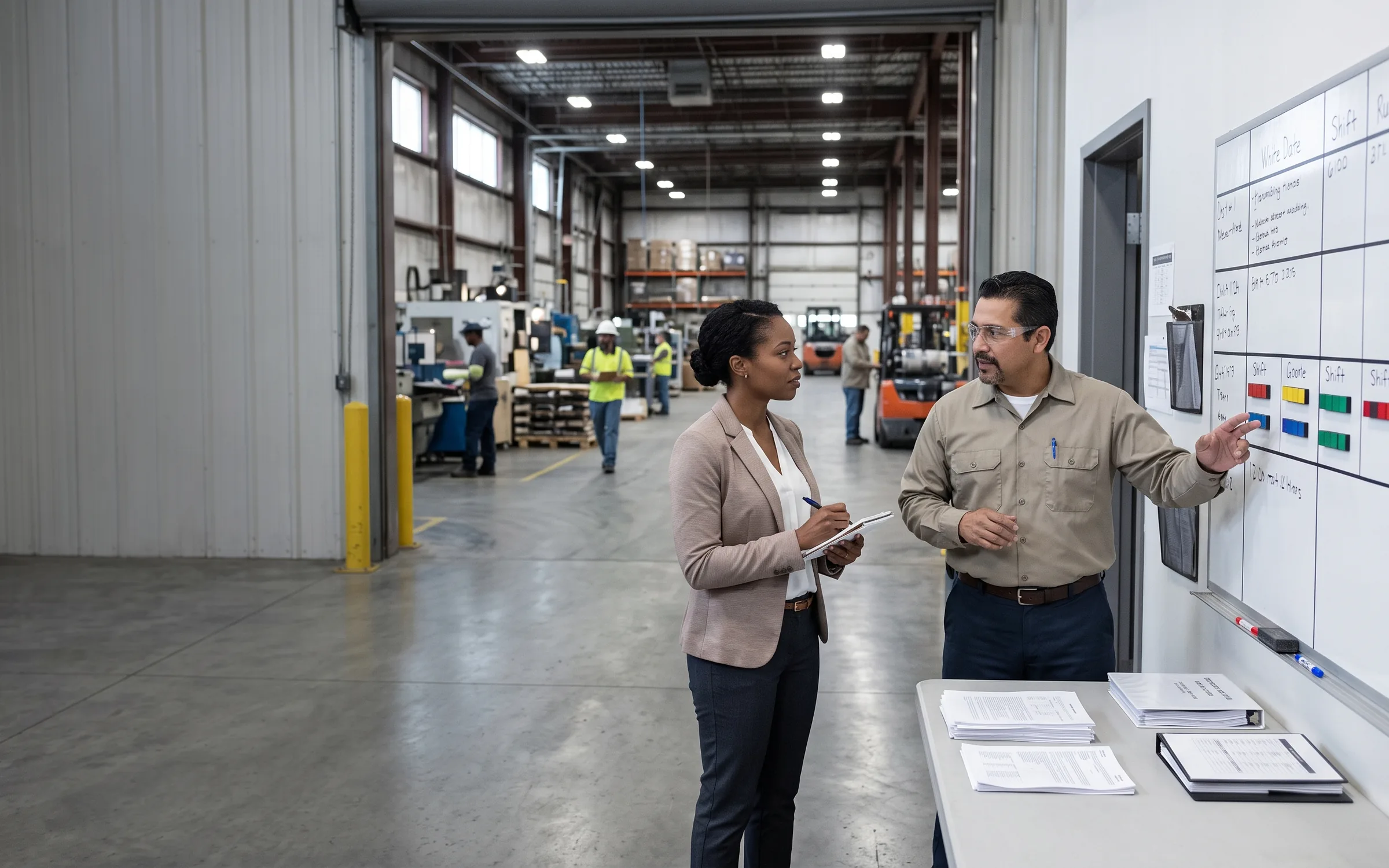 A staffing professional listening to an operations manager near the facility floor.