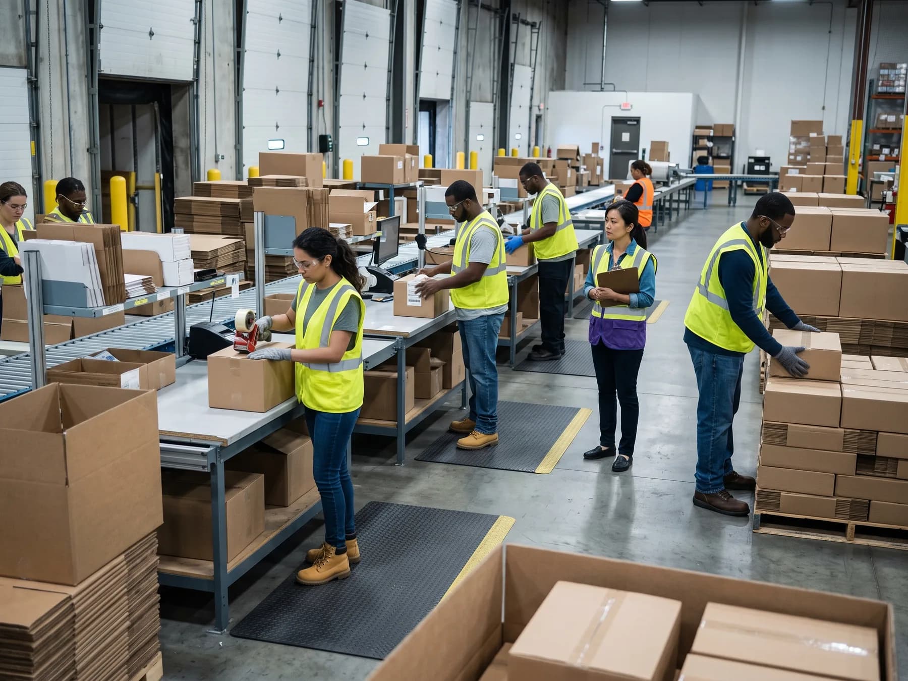 A fully staffed packaging operation handling increased seasonal volume.