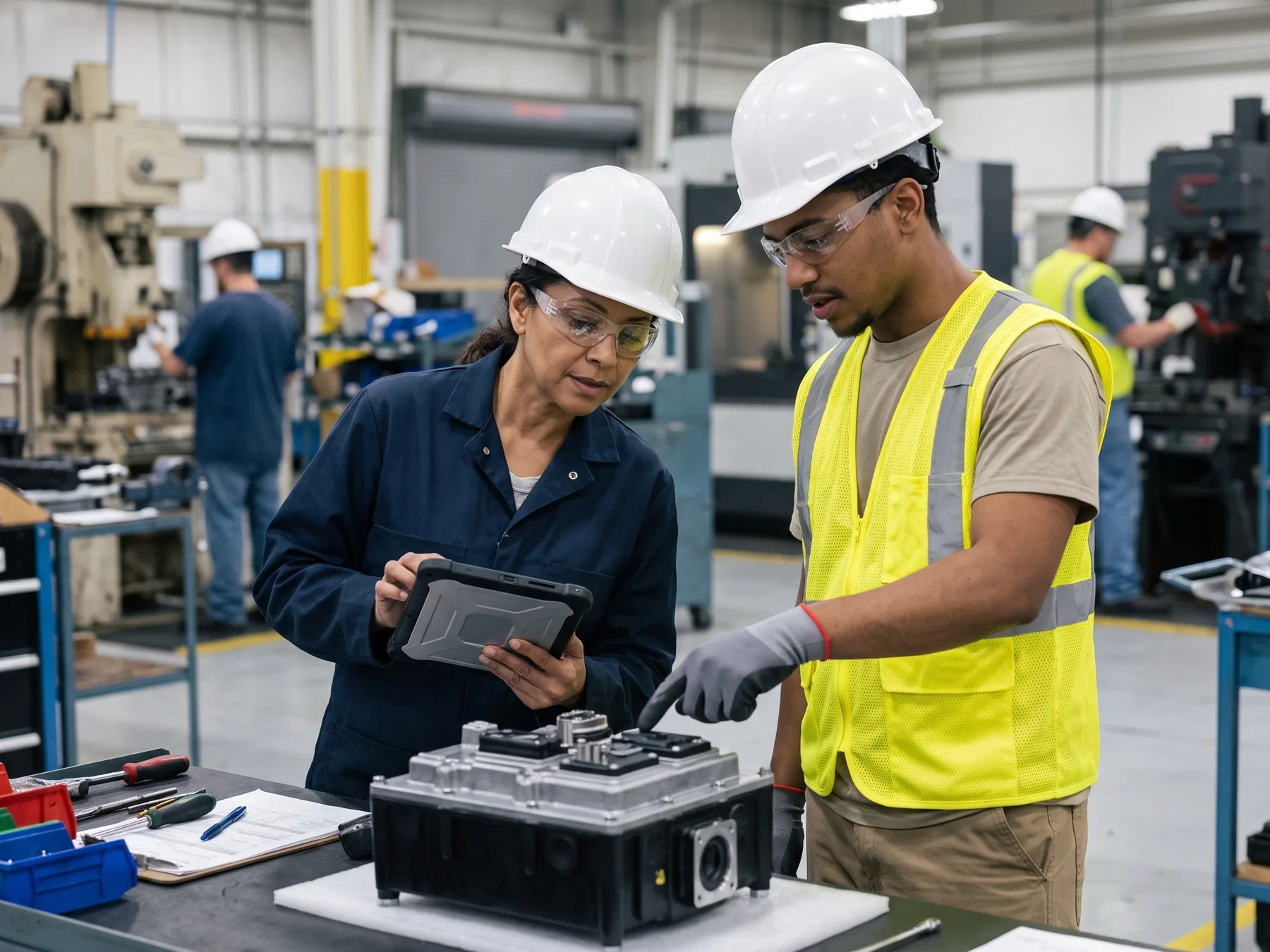 A supervisor reviewing completed work with a production employee.