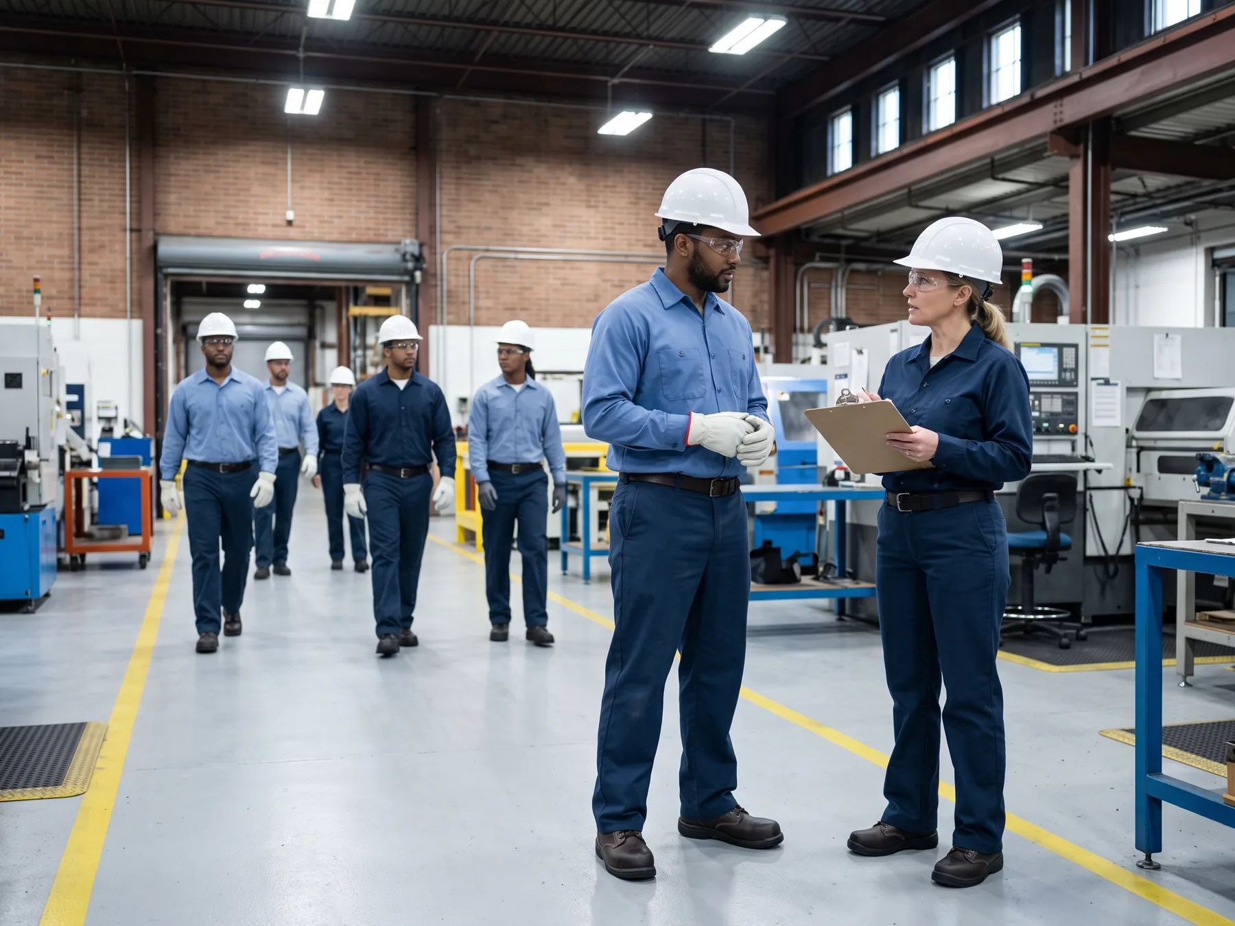 A worker receiving a shift briefing from an operations supervisor.