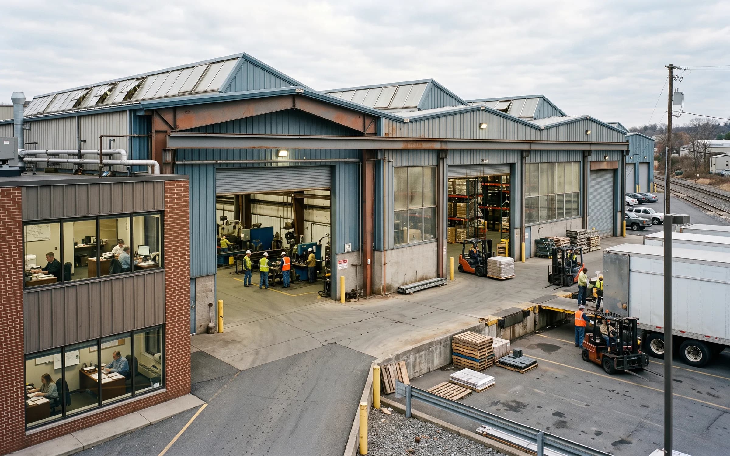 Workers moving through a facility that combines production and distribution.