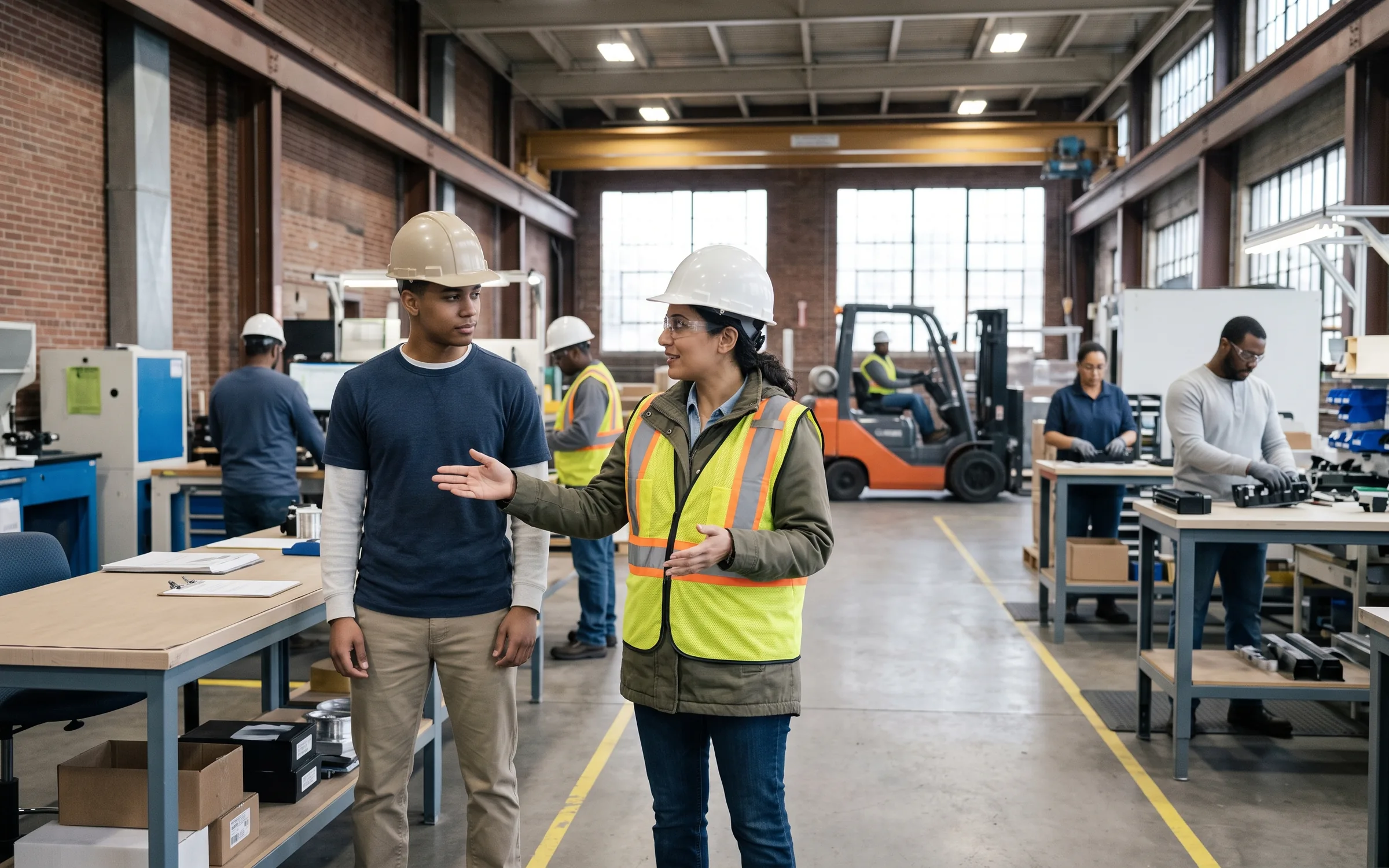 A supervisor welcoming a worker into an active workplace.