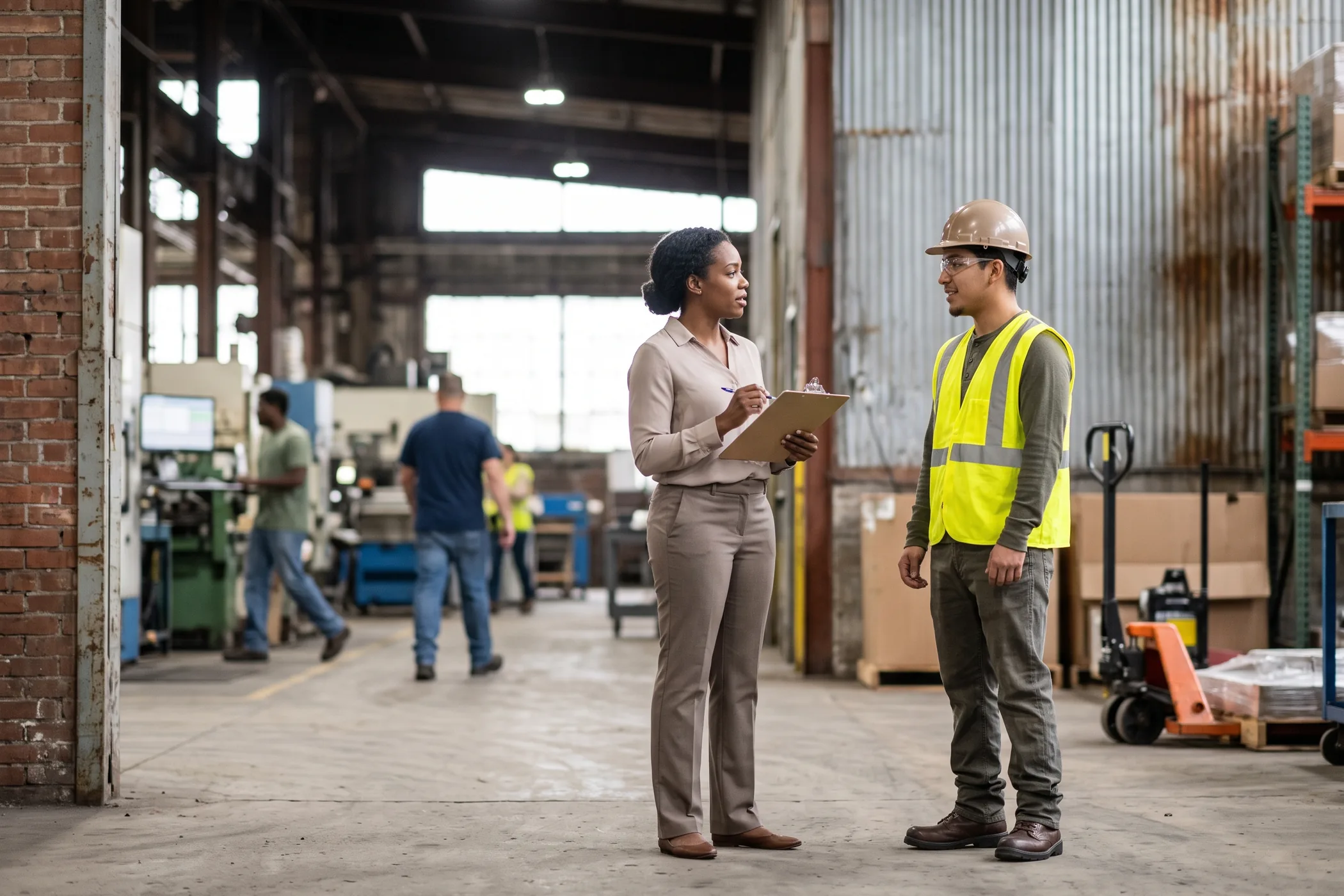 A recruiter checking in with a worker near the workplace.