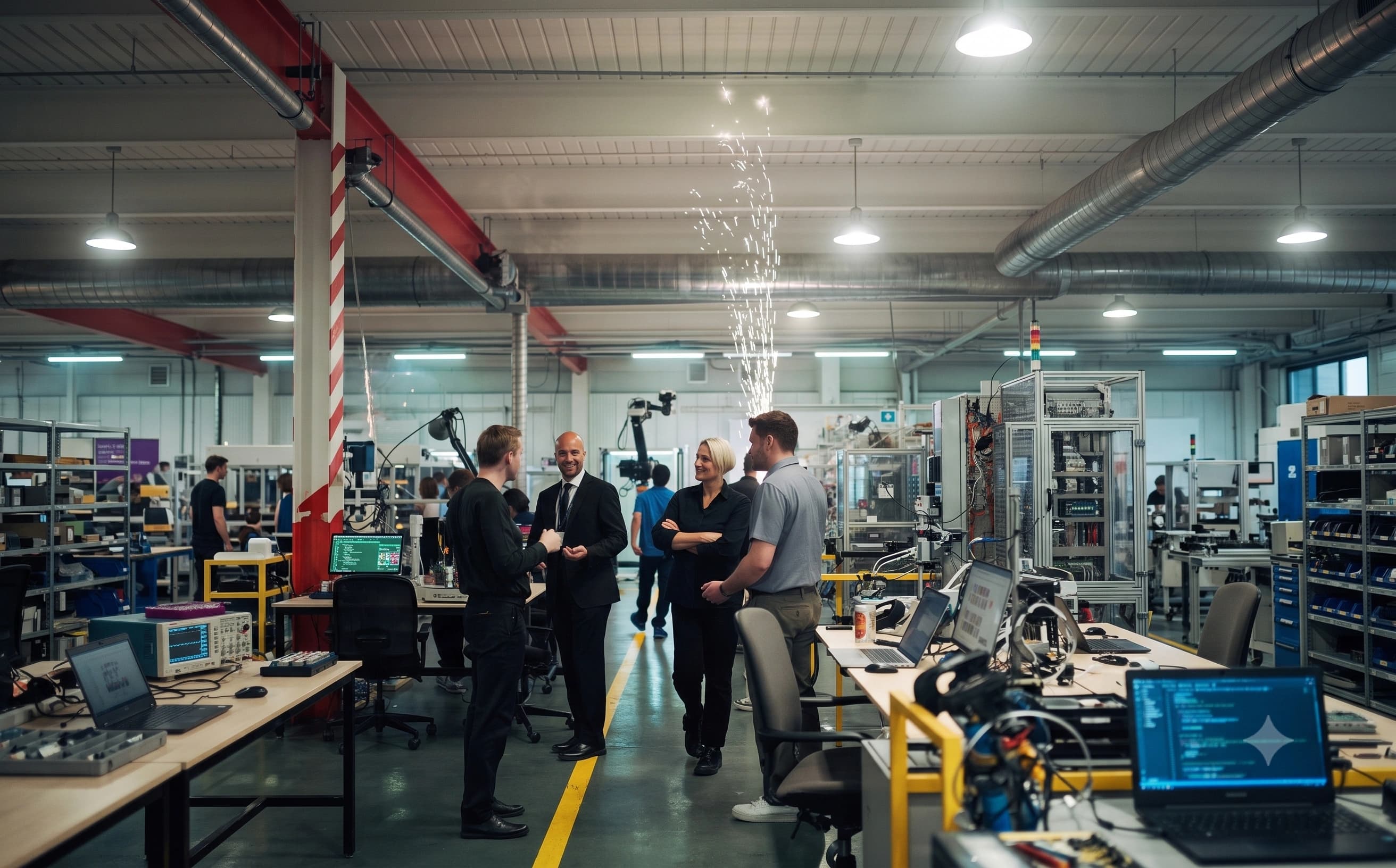 Operations leaders and workers meeting on an active manufacturing floor.