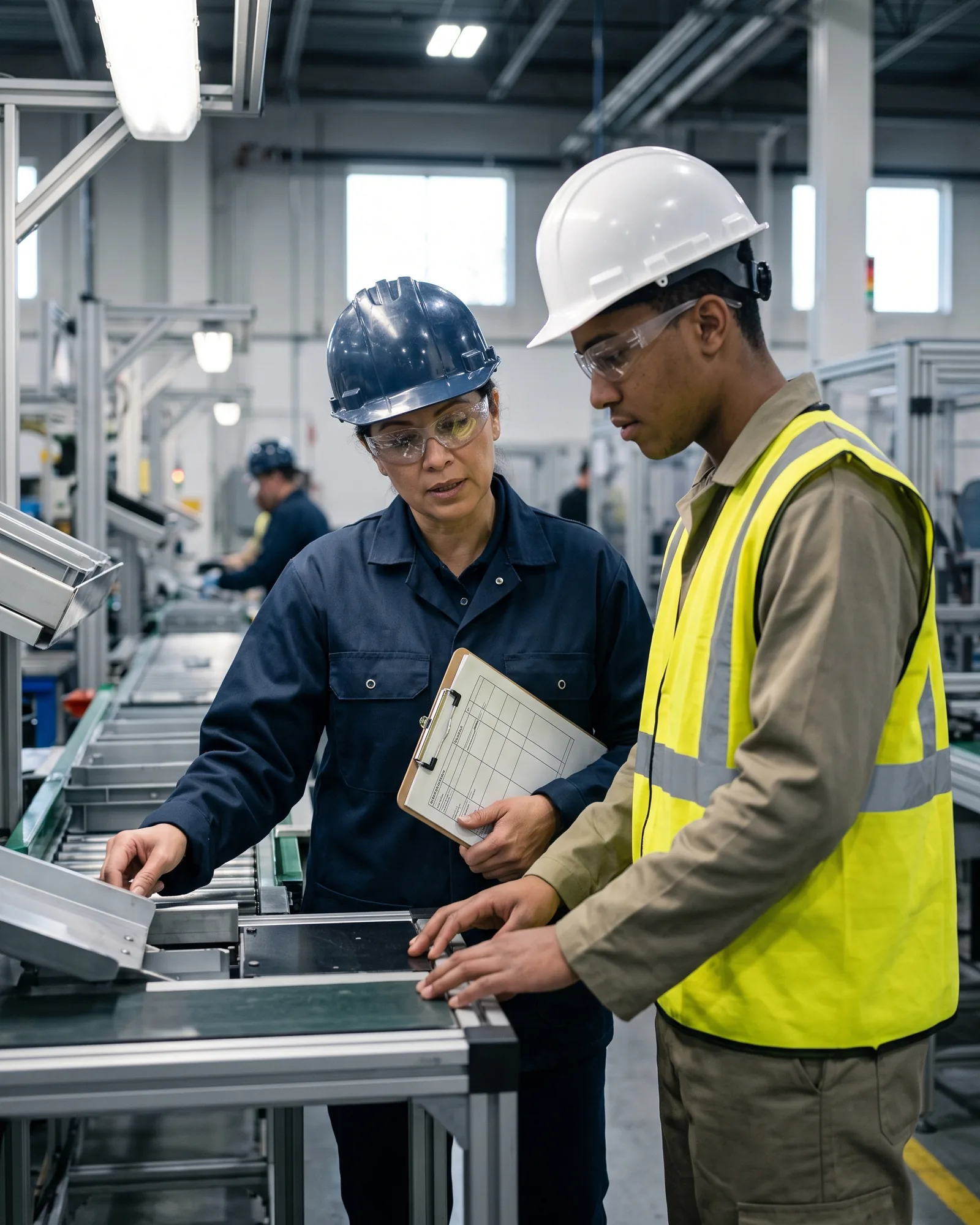 A supervisor orienting a worker near an active production floor.