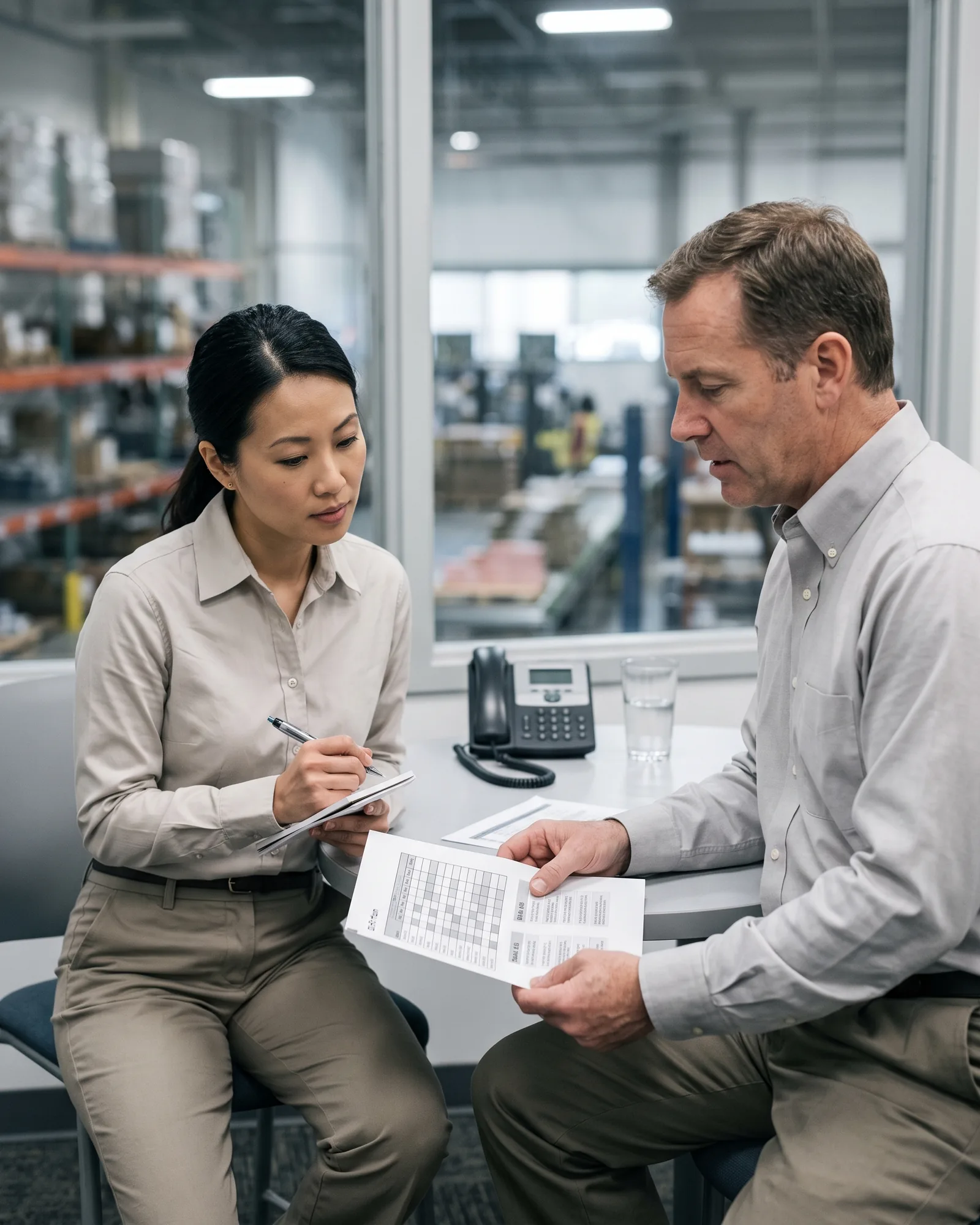 An employer discussing staffing requirements with a workforce specialist.