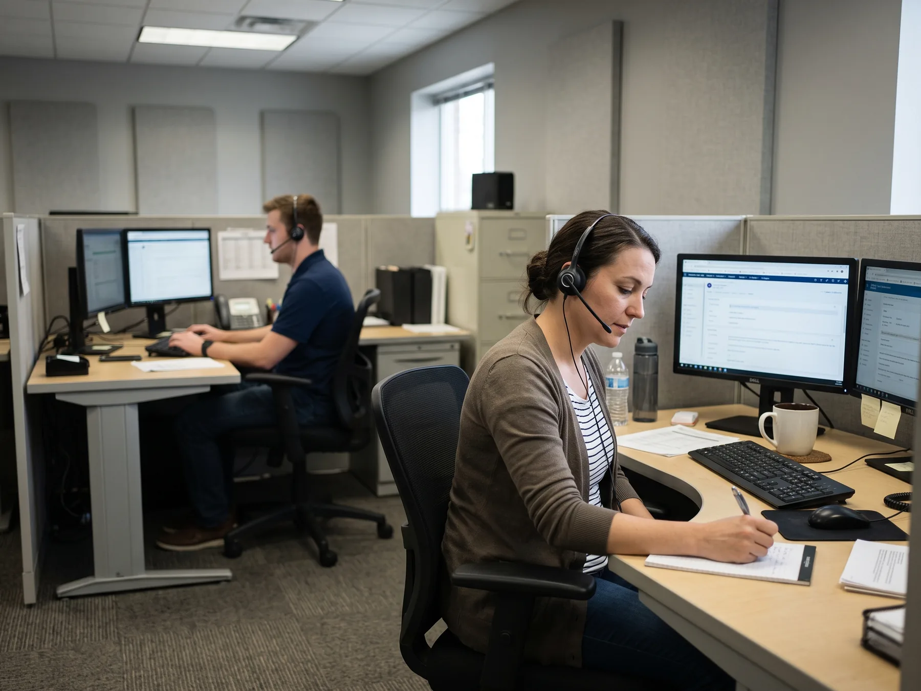 Customer support professionals handling calls in an operations office.