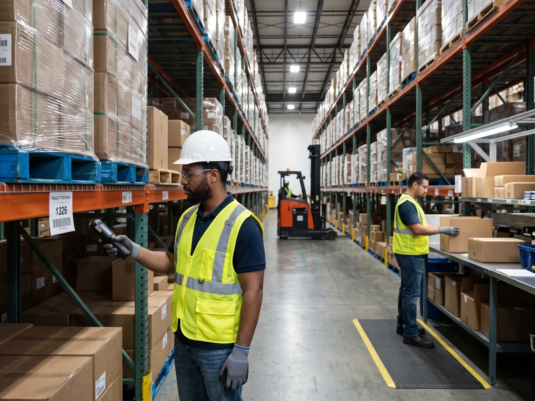 Distribution workers scanning and preparing inventory in an active aisle.