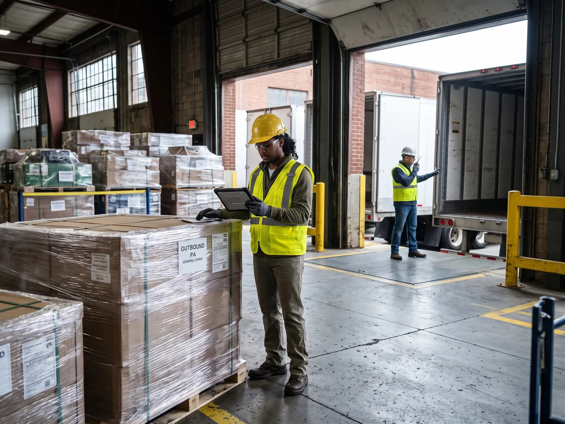 Logistics professionals coordinating outbound freight at a loading dock.