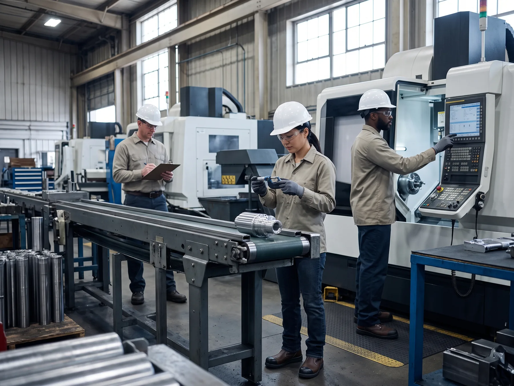 Manufacturing workers completing a production-line quality check.