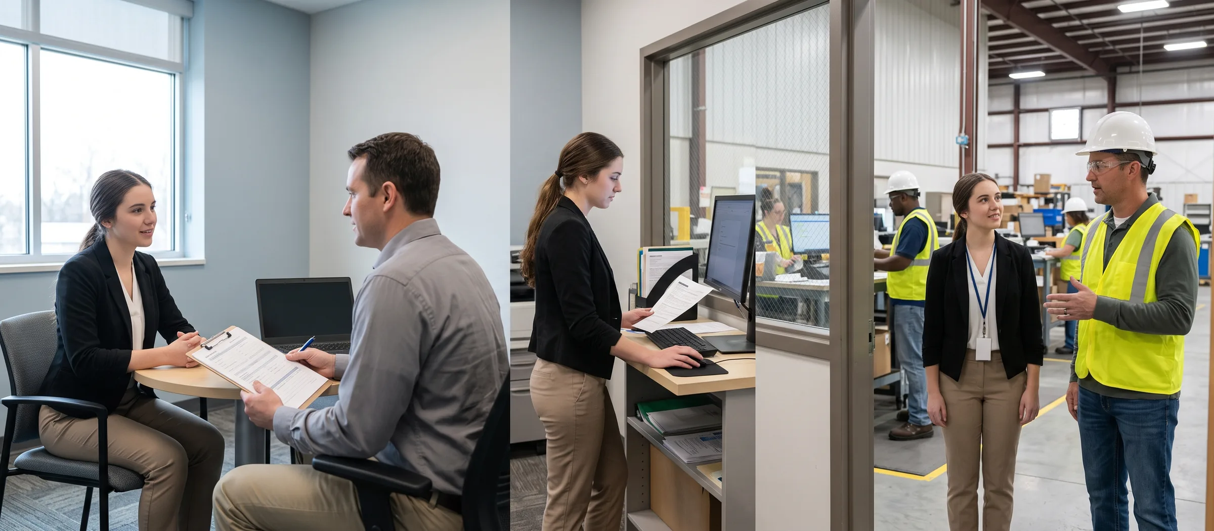 A continuous scene connecting recruiter support to a workplace introduction.